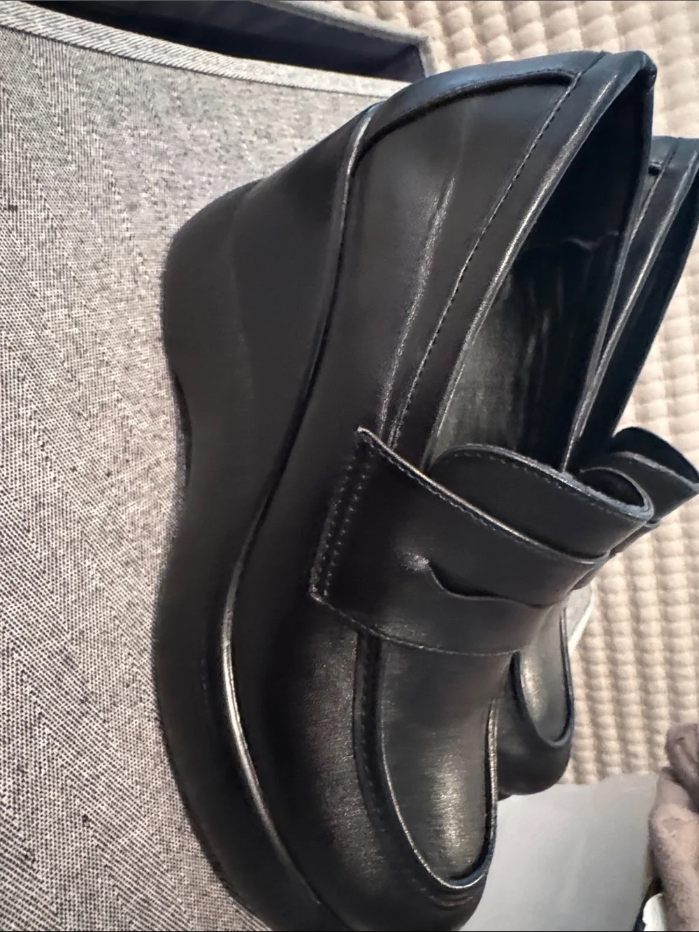 Classic Black Leather Penny Loafers for Woman high wedge size 7